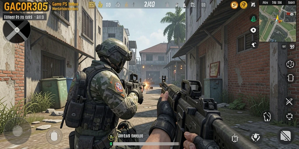 Screenshot dari gameplay GACOR305 menampilkan aksi menembak yang mendebarkan.