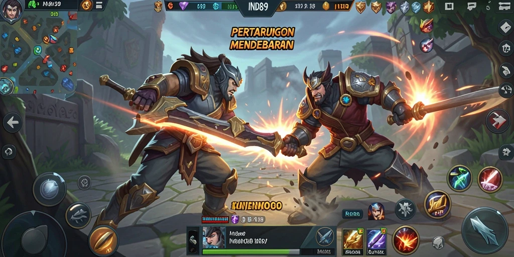 Screenshot gameplay menunjukkan pertarungan intens di arena MOBA.