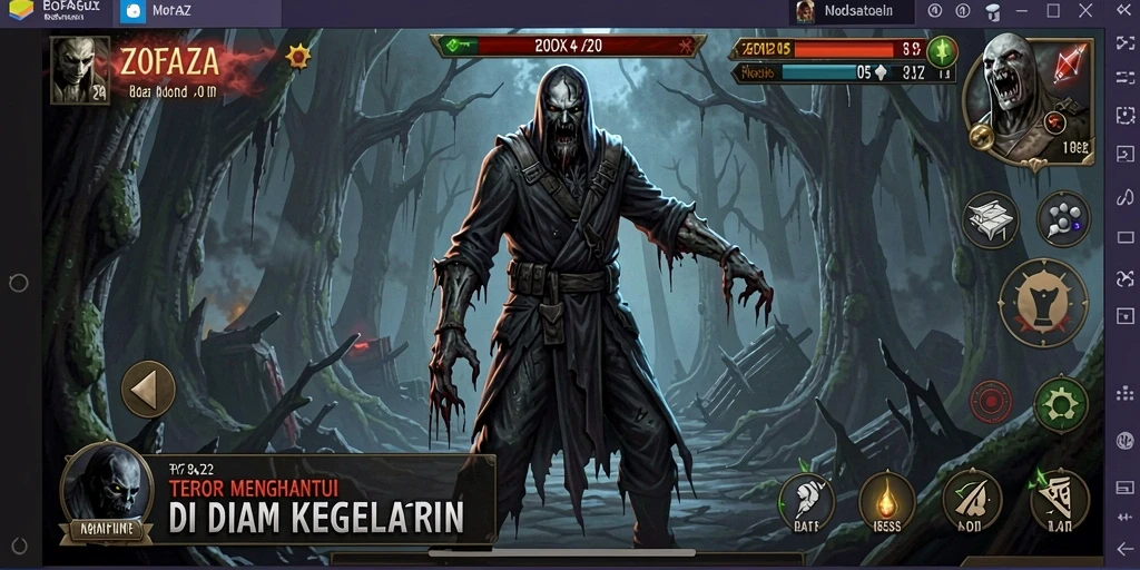 Gameplay ZOFAZA dengan suasana mencekam dan makhluk menyeramkan.